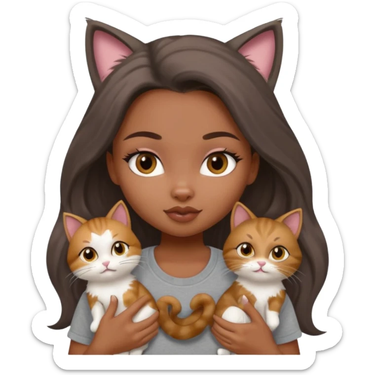 a pretty bratz dusky girl with long brown hair with six cats nd wearing a grey tshirt sticker