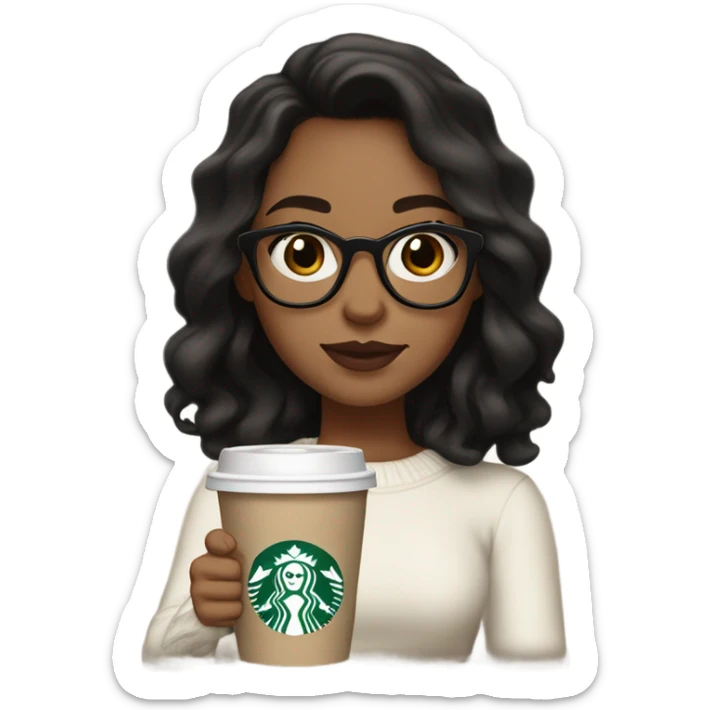 Tan girl with black wavy hair, dark brown eyes full lips holding a cup of Starbucks wearing a white sweater with glasses sticker