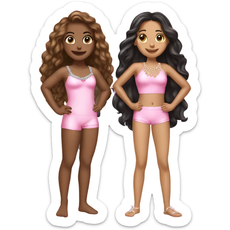 two teenage Latina best friends wearing pink. Long hair. Pink bows. Pearls. Light pink. Diamonds outfits. Two piece swimsuit sticker