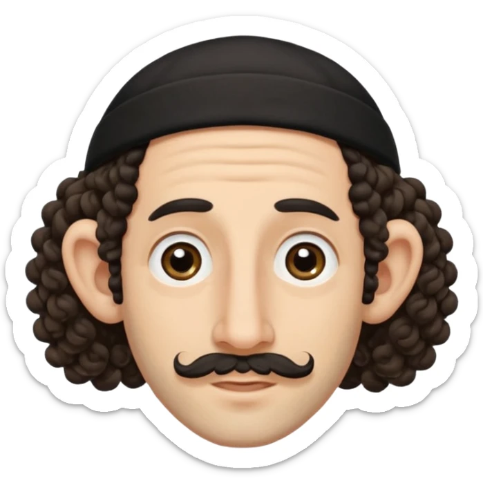 jewish jew man's face, wearing a tiny black kippah and 2 curly long hair strands near the ears, big nose, only face, no body, no mustache sticker