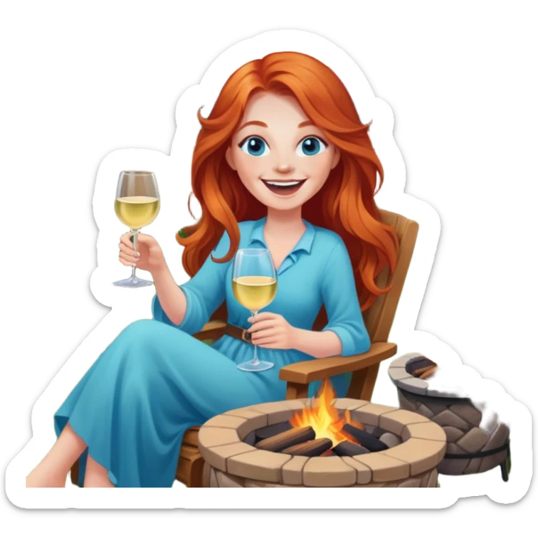 Laughing redhead with long hair and blue eyes holding white wine sitting in chair beside fire pit in backyard sticker