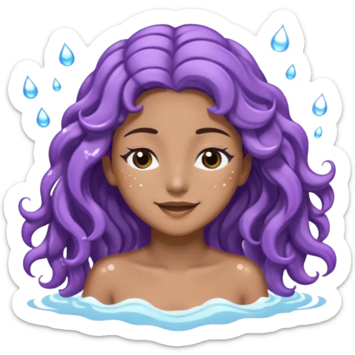 Sticker 3D joven de piel morena clara, ojos marrón oscuro y pestañas largas. Cabello castaño ondulado extralargo hasta la mitad de los glúteos. Viste DE lavanda. con abundante espuma  sobre su cabeza y manos en el pelo, ojos cerrados, expresión feliz. Render con destellos de agua. sticker