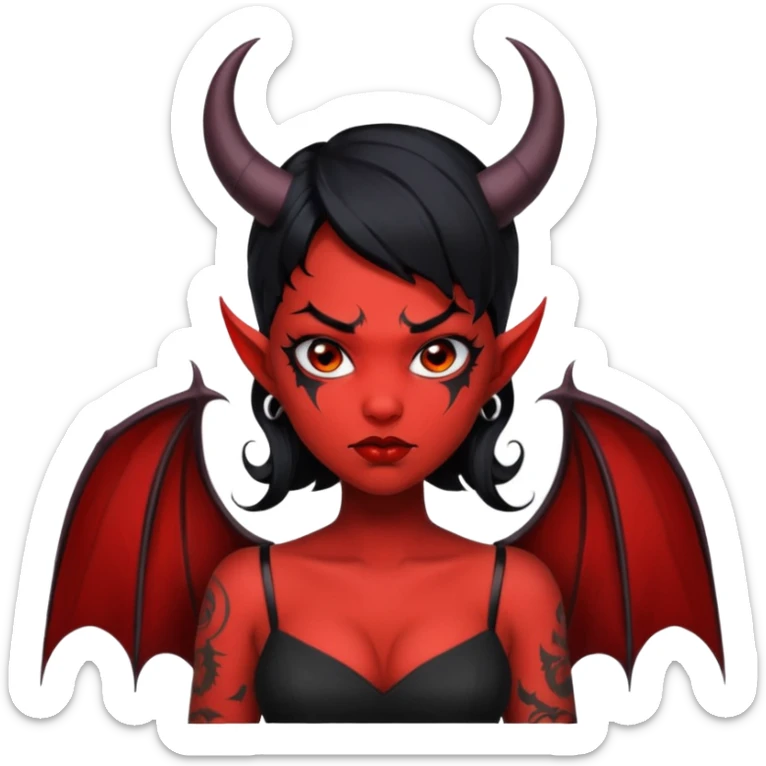 Demon girl, entire skin solid red, black hair, horns, bat wing, black dress, tattoo-flash comic. sticker