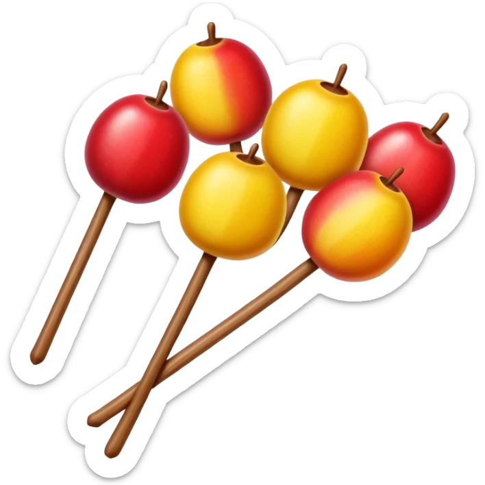 Tanghulu candied hawthorn fruits on wooden stick, simplified emoji style with bold outlines and bright colors, cartoon style shiny sugar coated Chinese street snack sticker