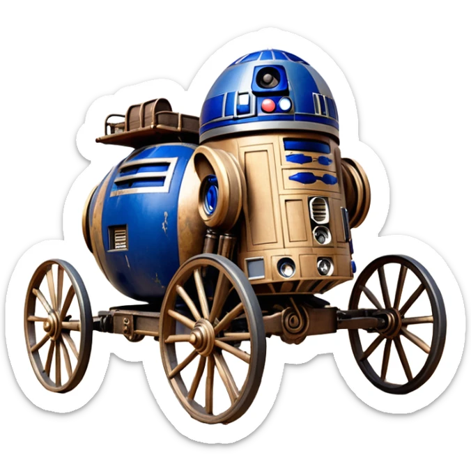 Old American West tarnished R2D2 bounty policeman in 1854 delicately ornate rosegold accents painted buggy buckboard wagon powered by electric motors and batteries with safety features and belts flying rapidly across rough dusty terrain stable on strong agile futuresteampunk suspension and steering  sticker