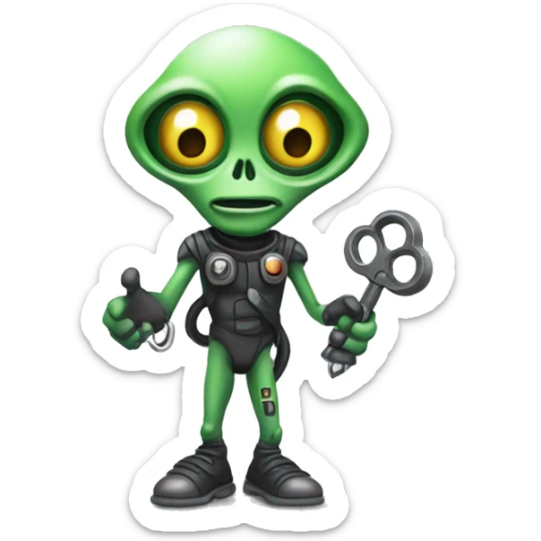 cartoon alien with key in one hand and  powder in the other hand sticker