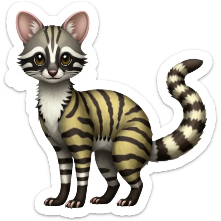 Feral Rare Fantasy shaded detailed colorful Genet-Trico-Civet-Cacomistle-Margay-species by LiLaiRa,, with white stripes with dark-blackish points, white belly, random markings, tufted tail, tufted ears, full body sticker