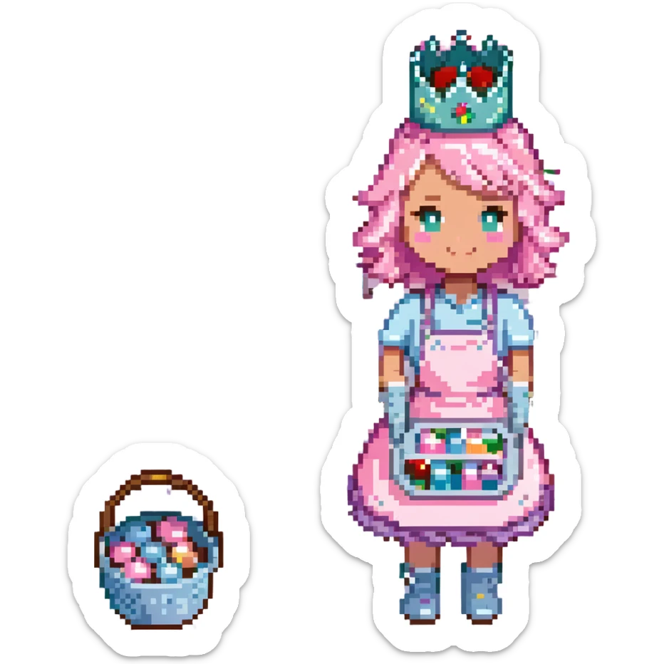 A playful baker in a pastel-pink candy lab. Walls of bubblegum bricks, frosting-covered counters, and a cupcake-shaped oven. The baker wears a gummy bear-studded apron, marshmallow gloves, and a rock candy crown. UI elements look like melting lollipops, candy cane sliders, and syrupy transitions. sticker