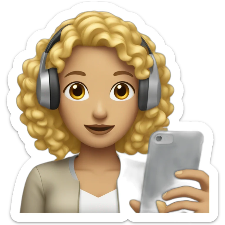 A woman with blond and curly hair and wearing headphones and a phone sticker