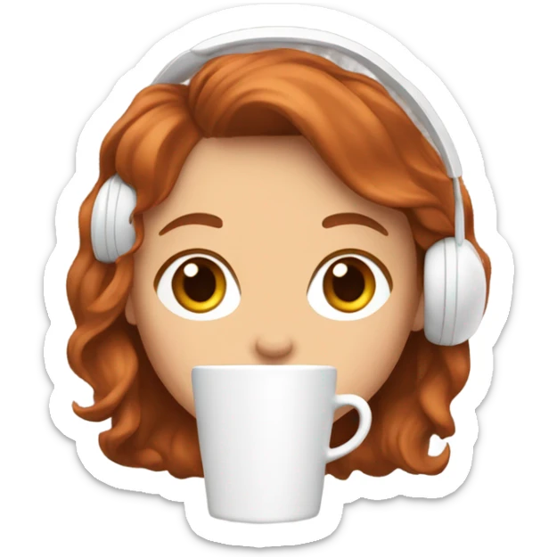 a girl with short, wavy copper hair, holding a coffee in her hand and wearing white earphones sticker