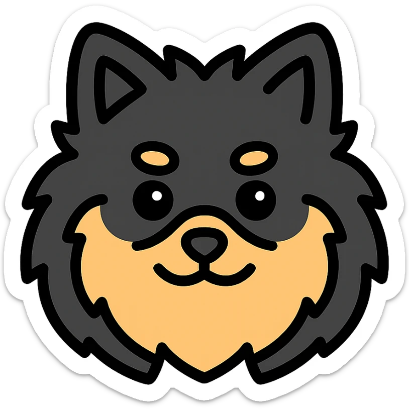 fluffy black and tan Pomeranian dog face, large round eyes, black button nose, tan muzzle, tan eyebrow spots, thick fluffy fur, upright tousled ears, friendly and cute sticker