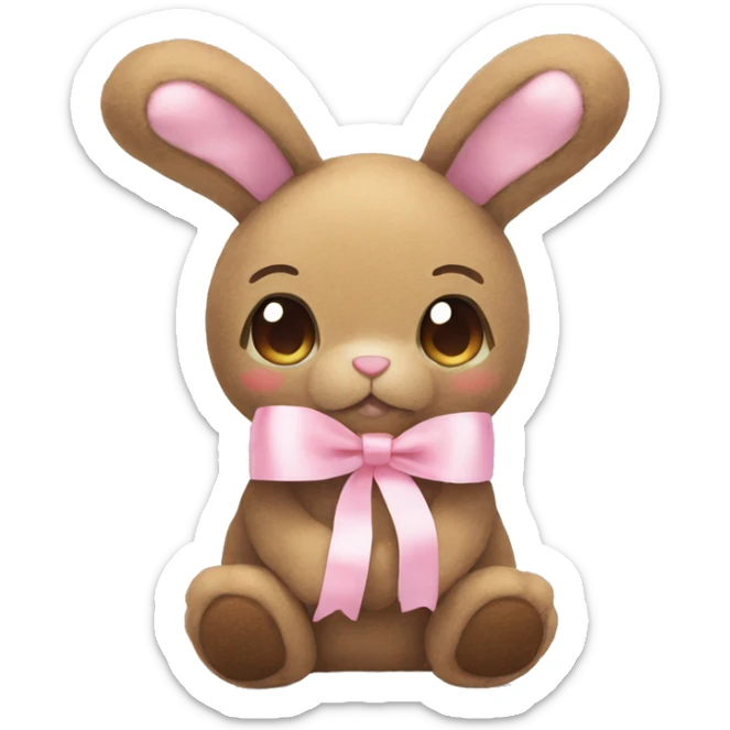 Pastel brown stuffed bunny plushie with pastel pink ribbon on one of the bunnies ears sticker