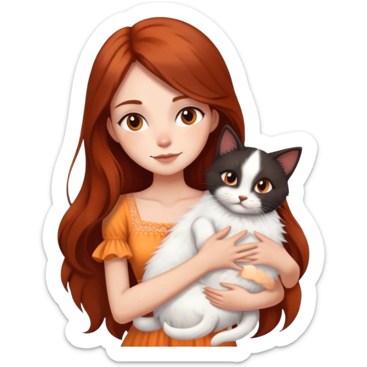 beautiful skinny fair woman with long dark brown-reddish hair in light dress hugging a cat with fluffy black, orange and white fur sticker