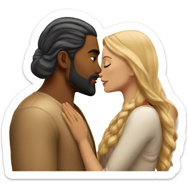 blonde woman with indian man that has a beard and long hair, romantic kiss under tree sticker