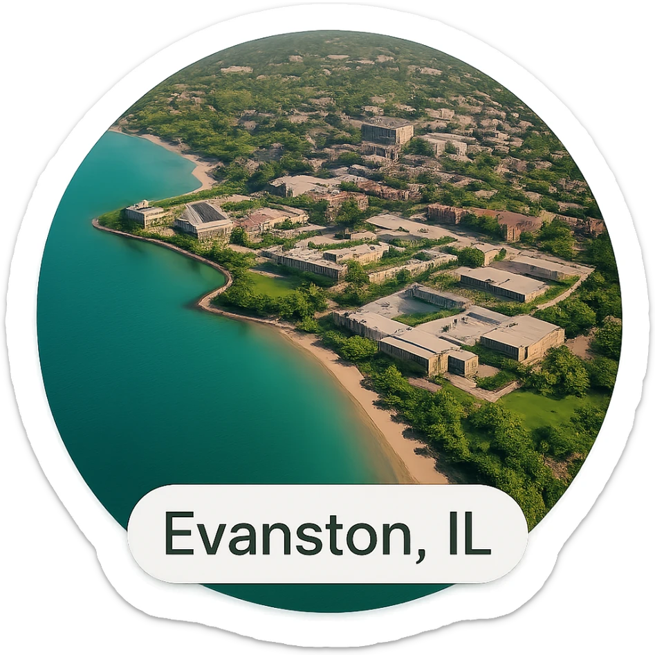cinematic realistic emoji of Evanston, Illinois, showing a large Lake Michigan shoreline and the Northwestern University campus clearly visible, lifelike detail, accurate colors, bright daytime, no sky, no clouds sticker