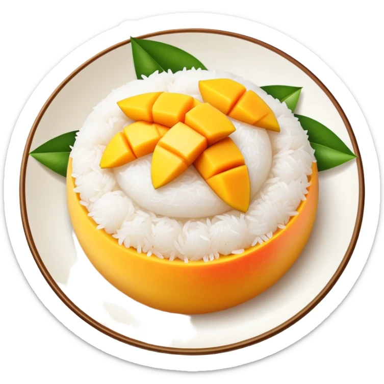 cinematic-realistic-mango-sticky-rice-dessert-emoji,-showcasing-sweet-sticky-rice out of a mould-paired-with-ripe-mango-slices-and-coconut-milk-rendered-with-lifelike-detail-and-warm,-inviting-lighting with the coconut  milk over the rice sticker