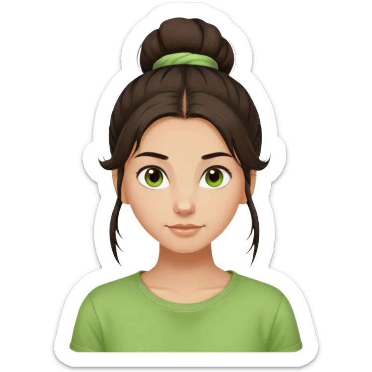 a girl with long dark brown hair with one high disheveled bun in light green t-shirt, a slight smile, dark brown eyes sticker