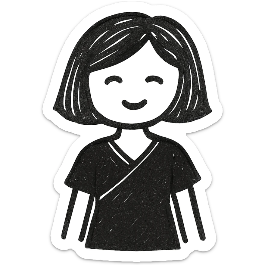 a girl with bob cut brown hair, white skin, wearing a black Indian dress, in a hand-drawn style sticker