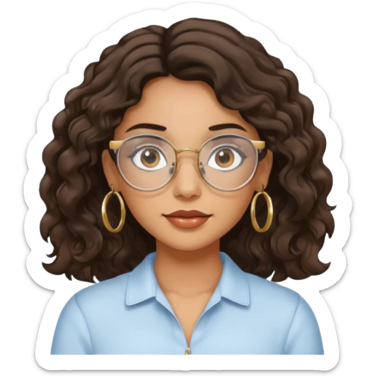 Make a girl with dark brown wavy hair and brown eyes she's tan latina and she has clear glasses and small hold hoop earings sticker