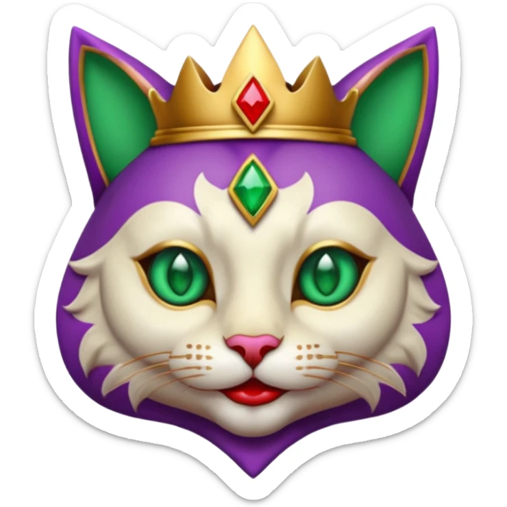 crazy colorful cute little cat jolly joker from poker, medieval, vintage, court jester, mac os icon, purple, gold and red color, half body, emerald green ice eyes, golden earrings. Squared shape as 3D mac os icon, symmetrical sticker