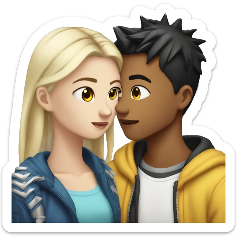 asian teenage boy with black spiky  with ear piercings and white teenage girl with long blonde straight hair and blue eyes kissing  sticker