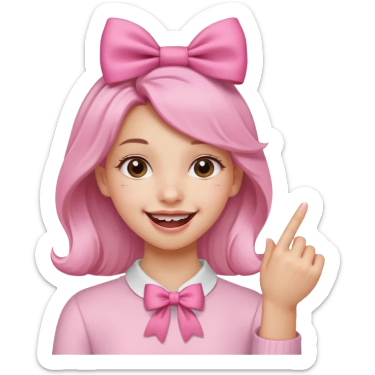 Chica sonriendo con un lazo rosa en la cabeza y mordiendose la punta del dedo indice con delicadeza y la otra mano que no salga sticker