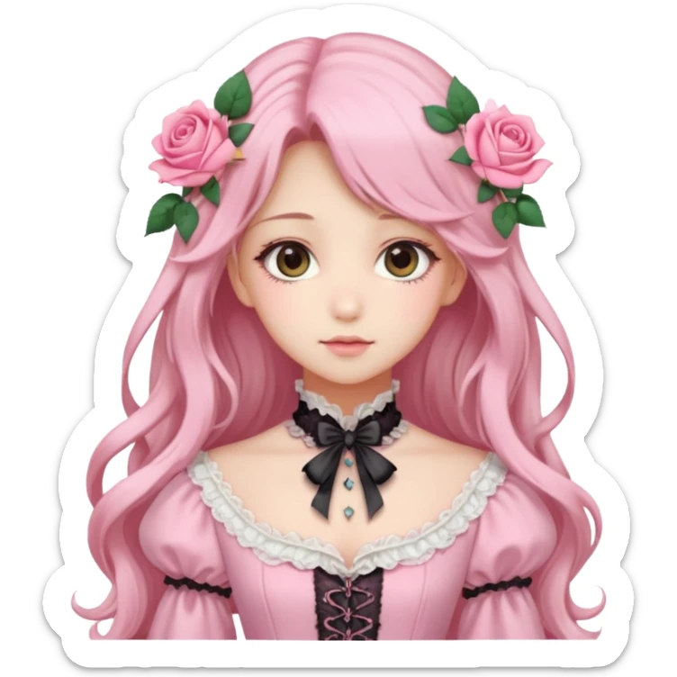 Gorgeous pastel anime lady with long hair and pink victorian style clothes and roses sticker