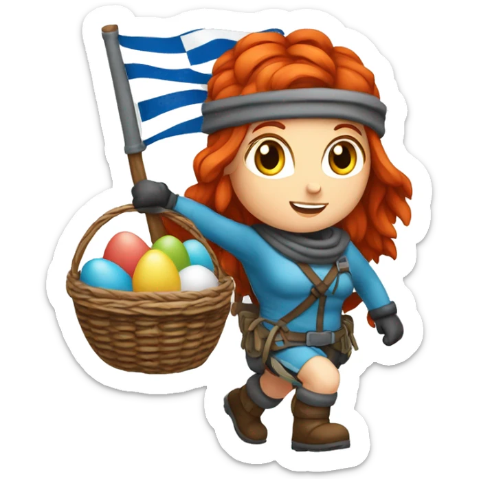 Female winter mountaineer red hair white skin climbing with Greek Flag and Easter eggs basket sticker