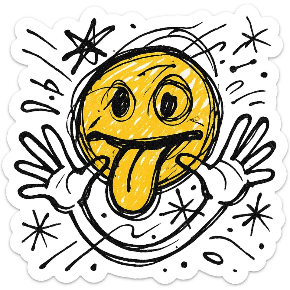 yellow emoji face sticking out tongue, both hands flat and horizontal across face, fingers spread, playful and chaotic energy sticker