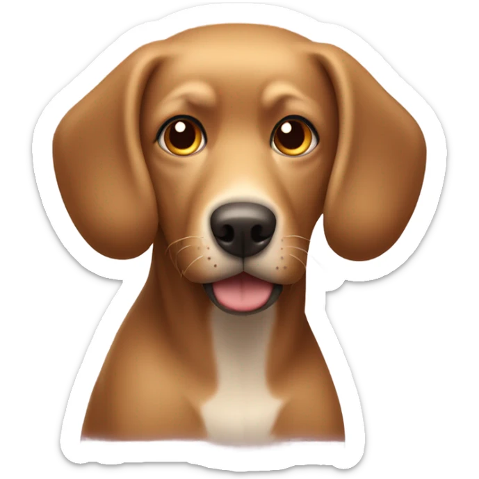 Brown dog with big old head and brown playful eyes wearing a blonde wig with bangs sticker