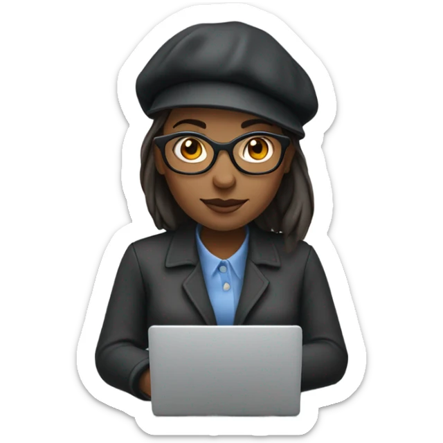 woman wearing beret hat and glasses with a laptop in medium-dark skin tone sticker
