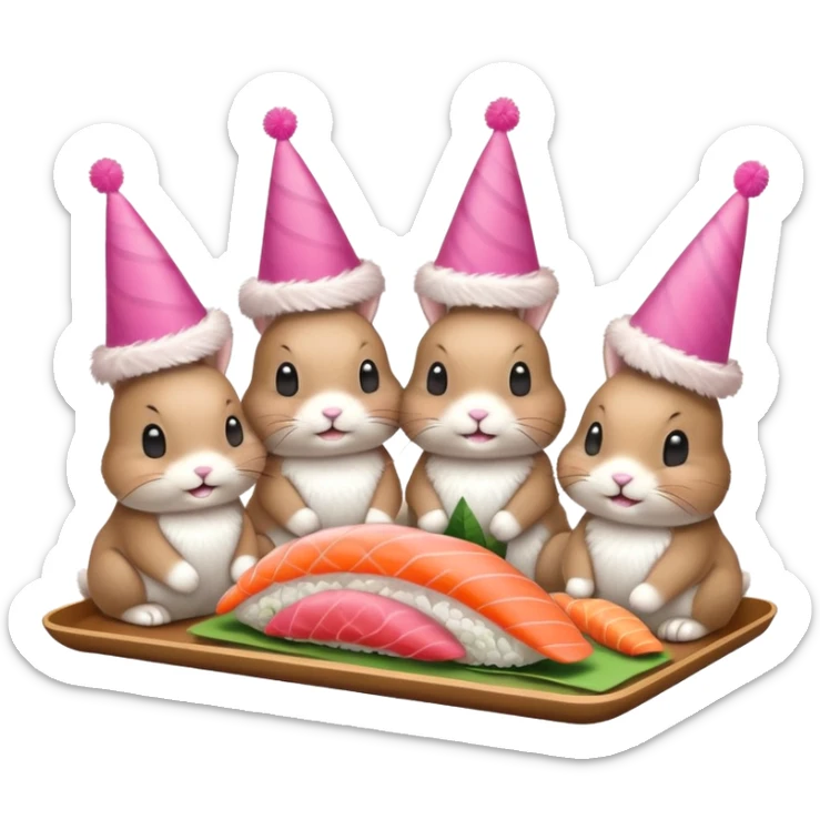 four bunnies together eating sushi at a birthday party, playful, sushi platters, birthday banner sticker