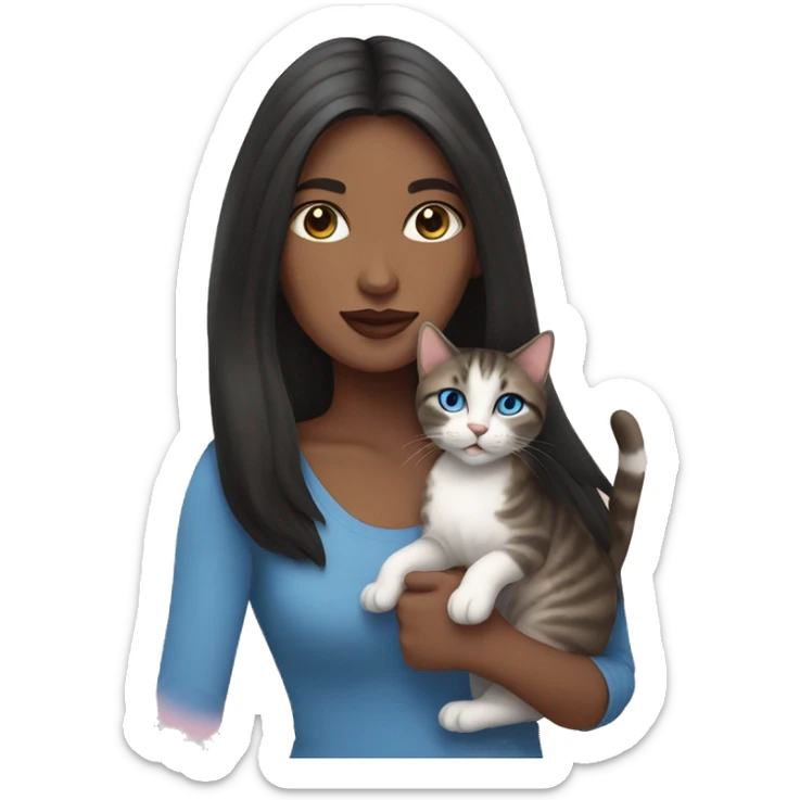 Woman with dark long hair, pink lips and blue eyes holding a tabby cat  sticker