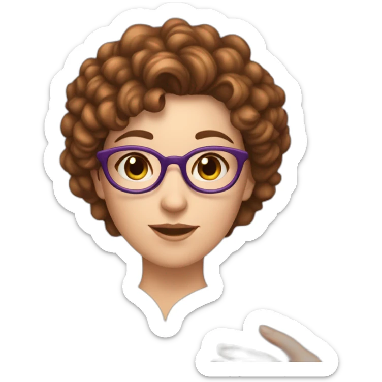 white girl not wearing glasses and really short brown curly hair reading a purple book sticker