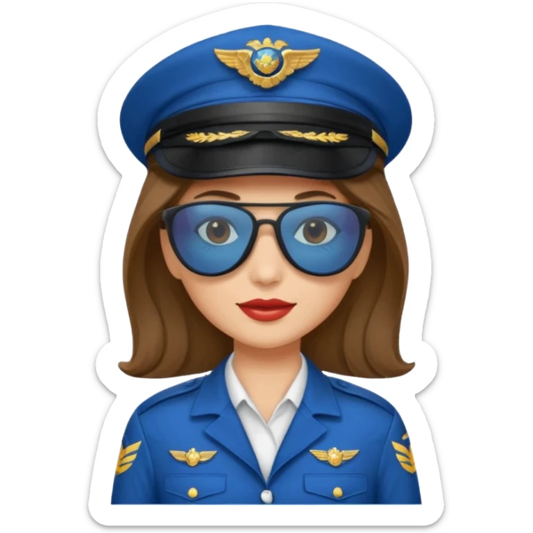 pilote d'avion femme cheveux brun clair avec sunglasses et chapeau de pilote et uniforme bleu sticker