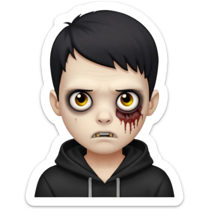 Zombie boy with the short black hair, pale-white skin, black eyes, little fangs and dark circles under his eyes. He has serious face and he wear a black hoodie sticker
