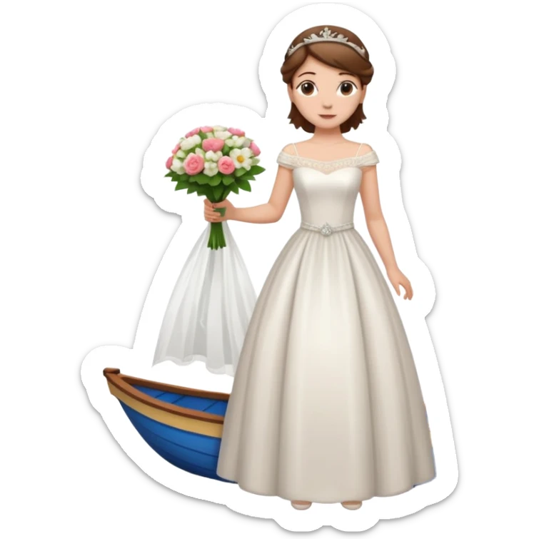 Chica blanca,cuerpo entero, vestido boda cuello barco y , pelo castaño,   1 ramo de flores , pelo recogido con tiara añadido en la parte de atrás del vestido sticker