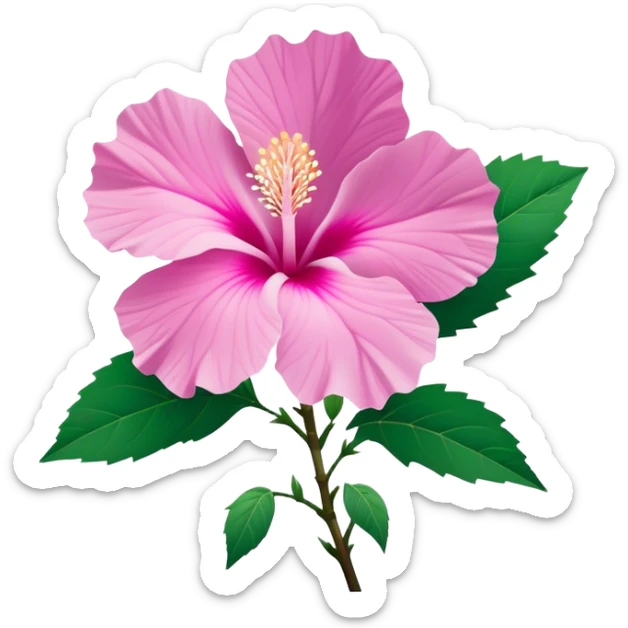 Cinematic Realistic image of a Mugunghwa flower (Rose of Sharon), rendered with delicate petal textures and vibrant pink hues, set against a minimalist background with gentle, diffused lighting that highlights its national significance sticker