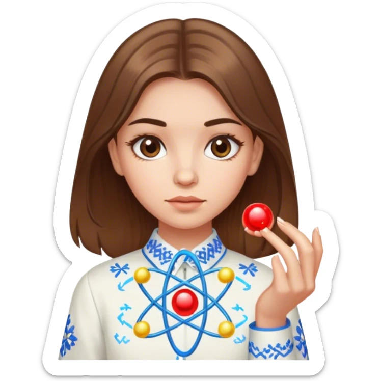 a Ukrainian girl with brown hair in an embroidered shirt and an atom sticker