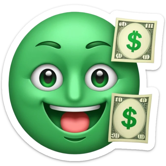 3D glossy money emoji sticker, dollar-sign eyes, cash flying out of mouth, centered. Add curved caption above the emoji: "ТГ - MHGPT4", bold, high-contrast, perfectly readable, sticker outline. Transparent background. sticker