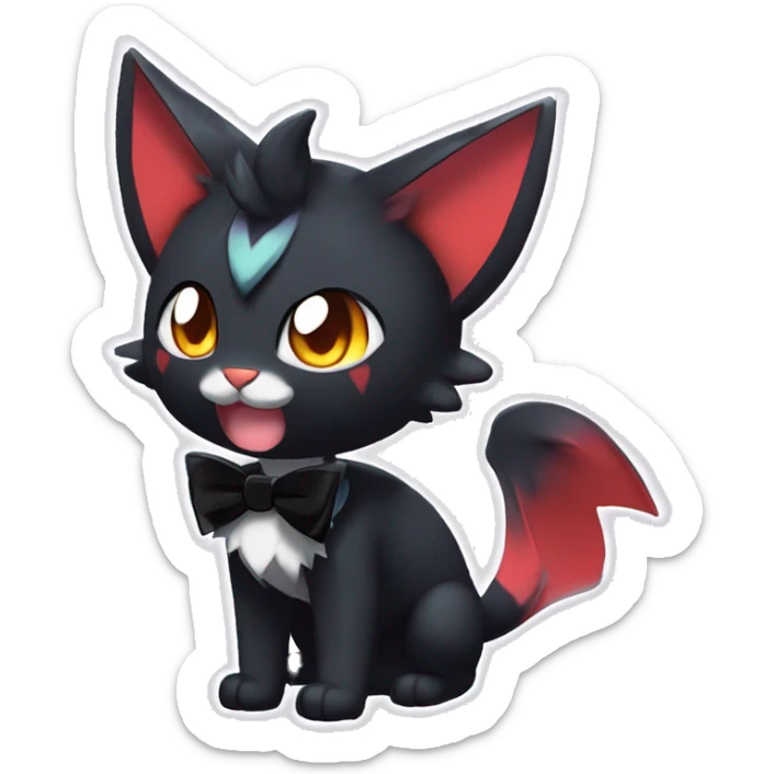 Shiny Dark Cool Shy Edgy Black beautiful ethereal fantasy Kawaii Sona Litten-Fakemon-cat-animal with edgy bat-ears bow tie black emo-mane vtuber model Full Body sticker