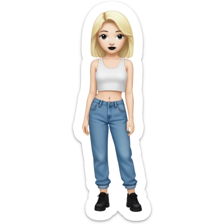 White girl with blond hair , black lipstick and white crop top for shirt and for pants baggy jeans sticker