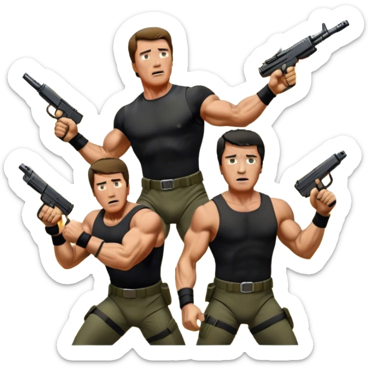 Icon for Action Movie Poster: Close-up collage of Arnold Schwarzenegger in 'Commando' and Sylvester Stallone in 'Rambo,' each in dynamic action poses, surrounded by intense explosions, dramatic lighting, and iconic weapons. Designed like a vintage movie poster. Transparent background. sticker