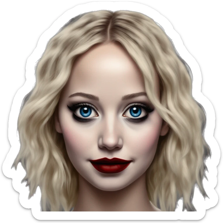 Mega Jennifer Lawrence in Harley Quinn style, oil paint, mysterious eyes, intricate lips, masterpiece portrait, odd perspective, beautiful, desirable, logical sticker