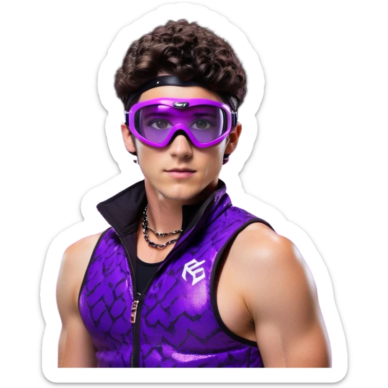 male athlete with white skin and moderately curly dark brown hair on top with shaved sides, wearing ski goggles with purple frames and very dark black lenses, a simple plain black chain necklace, and a completely unzipped sleeveless vest with purple and black sequin fire pattern design with no logo, fully revealing his chest, shoulders and arms, no earrings sticker