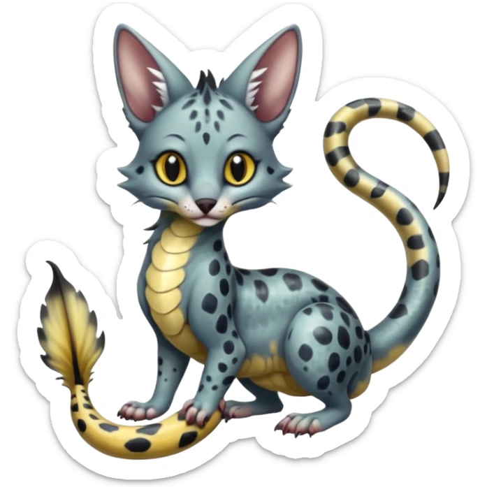 Realistic Flurry furry scary slimy oily glossy wet gloomy dusky scaly sergal-serval-possum-sphynx-Koi-sergal-fusion-animal-hybrid-creature with a snake-tail sticker