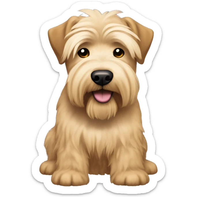 Wheaten terrier with long lighter color hair, darker color ears and black chin sticker