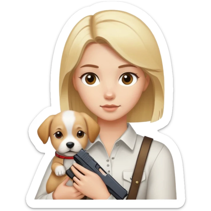 Blonde girl with brown eyes holding a glock and a puppy sticker