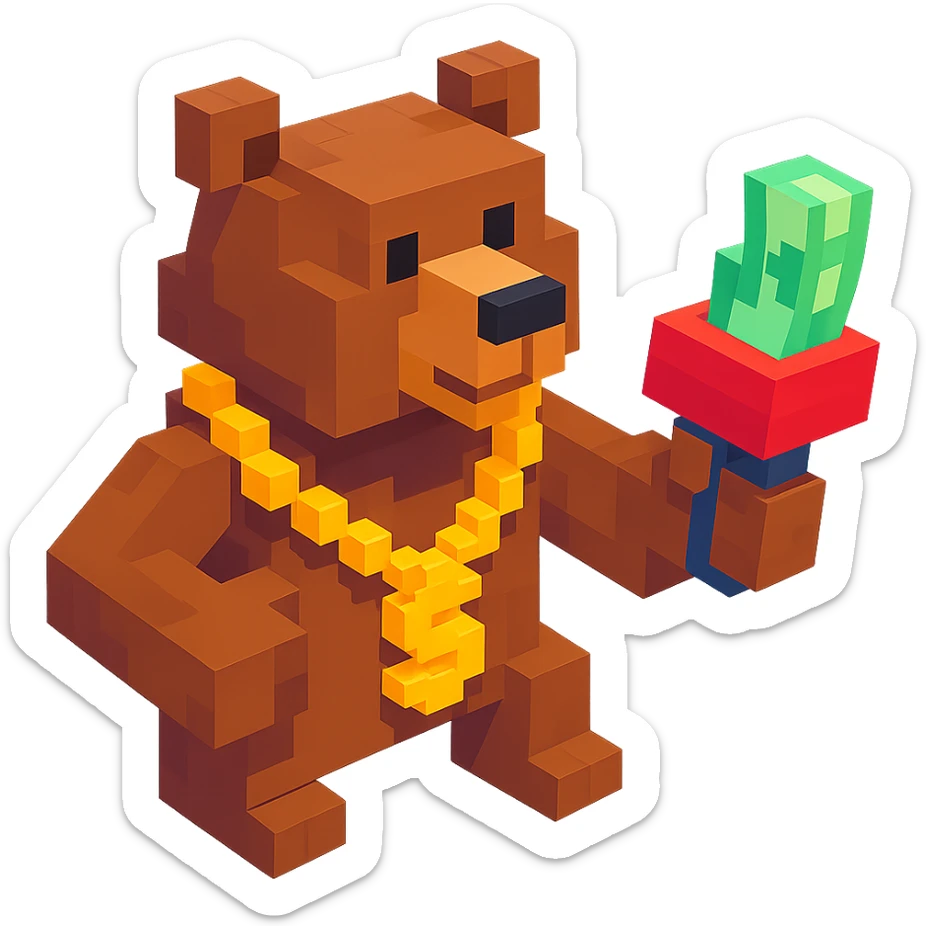 Russian grizzly bear in a rapper pose, wearing a gold chain and holding a money gun sticker