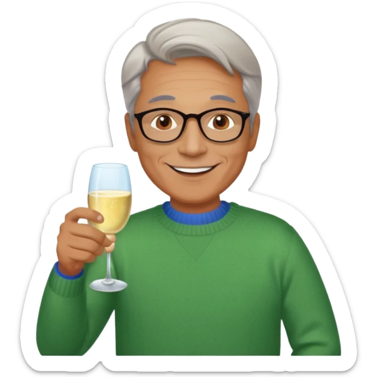 a happy, vibrant healthy man 60ish with a glass of champagne wearing a sweater sticker